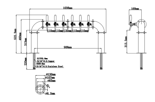 Colonna Ponte Led per Spillatore Professionale a 6 Vie, dal Design Essenziale