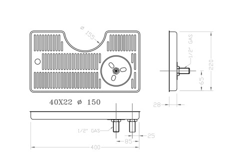 Raccogligocce 40x22, ø150 mm inox con bagnabicchiere e scarico