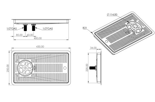 Built-in drip tray with glass rinser and drain 40x22